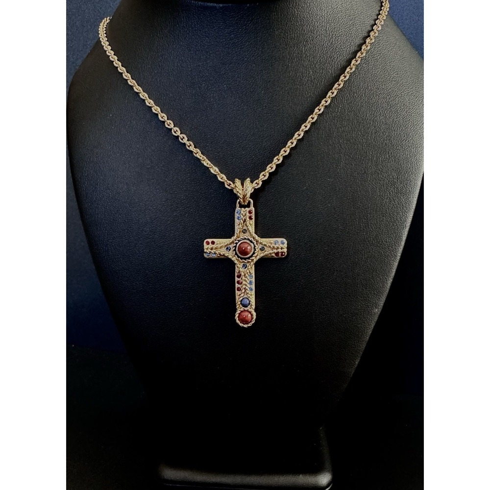 Camrose & Kross JBK Cross Necklace Gold Tone Rhinestone Cabochon 20"